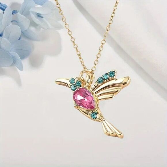 Elegant Golden-Tone Hummingbird Pendant Necklace w Blue/Pink Gemstones - Picture 1 of 3